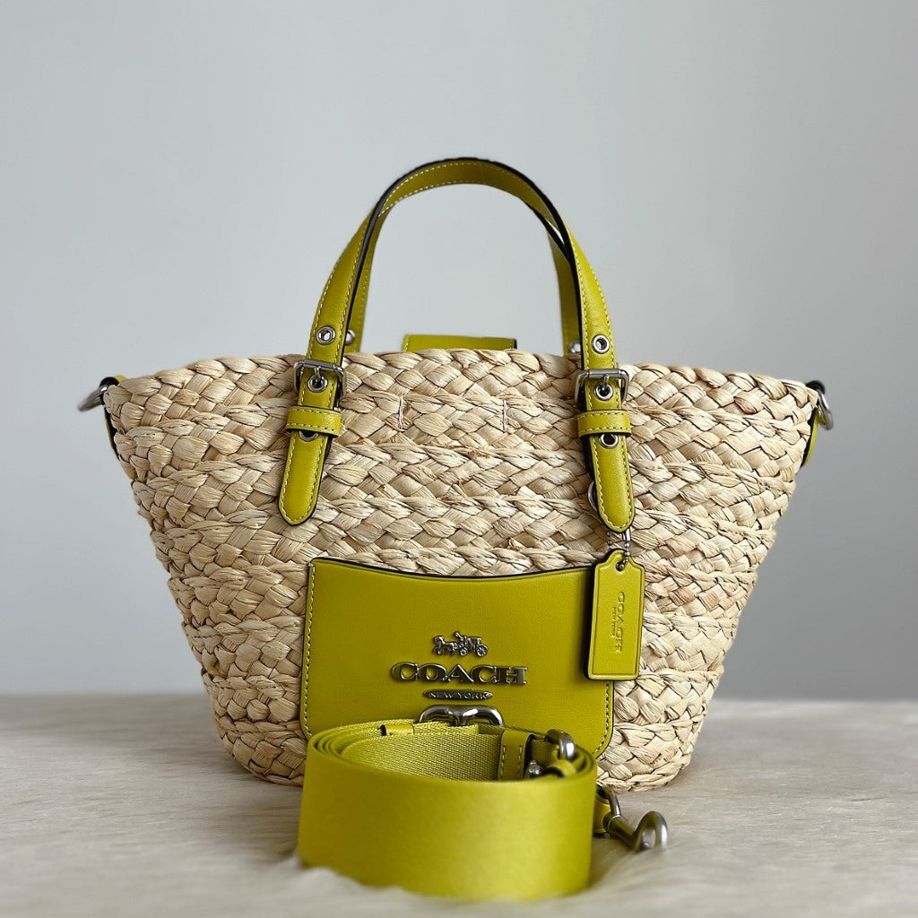 Coach Lime Leather Straw Patchwork Bucket 2 Way Shoulder Bag Like New