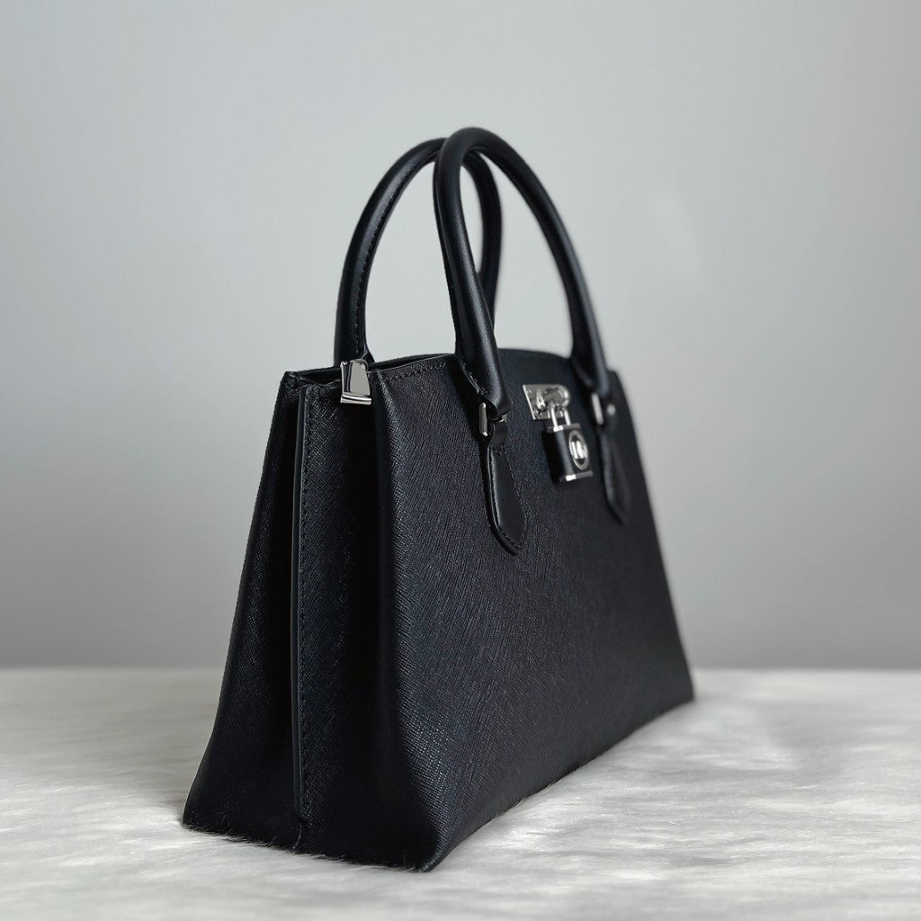 Michael Kors Black Leather Padlock Triple Compartment 2 Way Shoulder Bag Like New