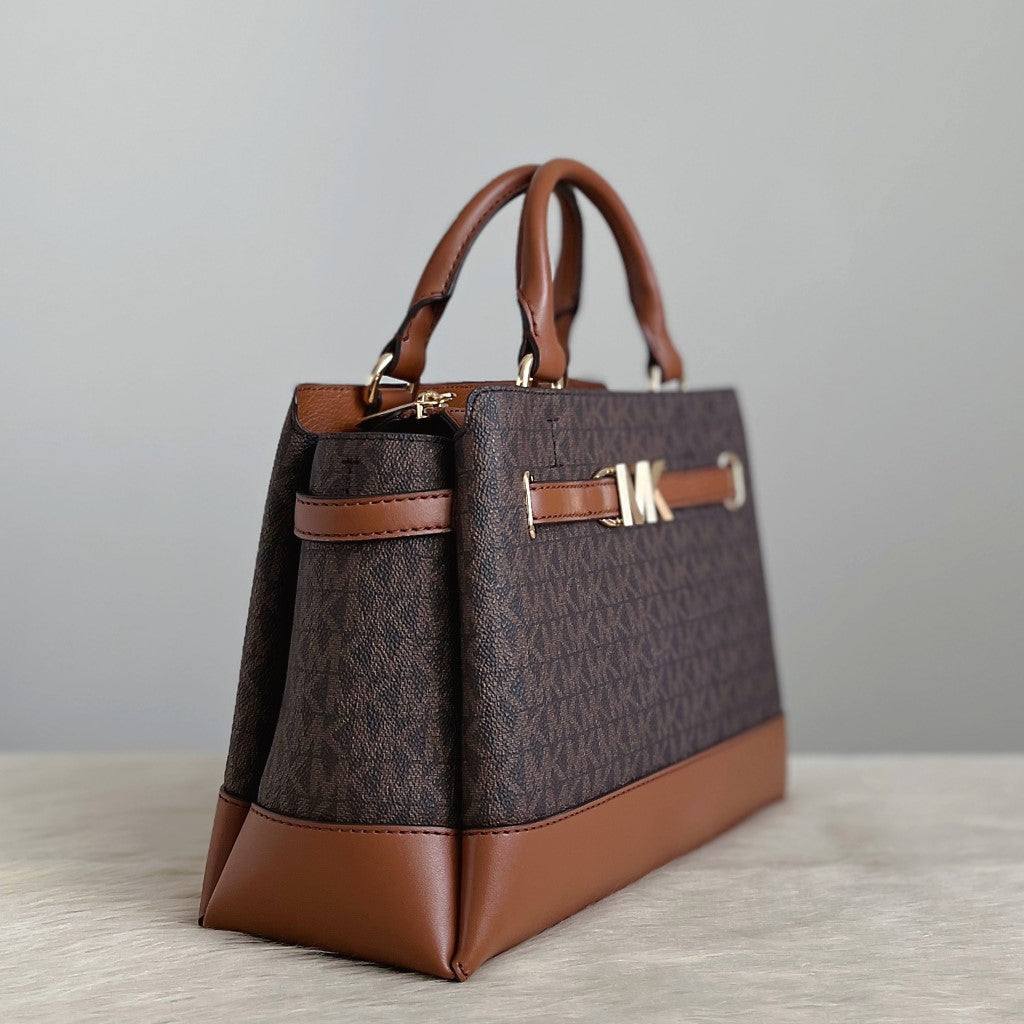 Michael Kors Caramel Leather Monogram Triple Compartment 2 Way Shoulder Bag Like New