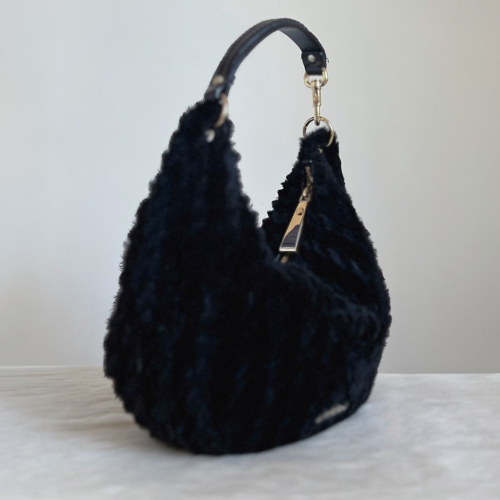 Jimmy Choo Black Fur Stellar Half Moon Slouchy Shoulder Bag Excellent