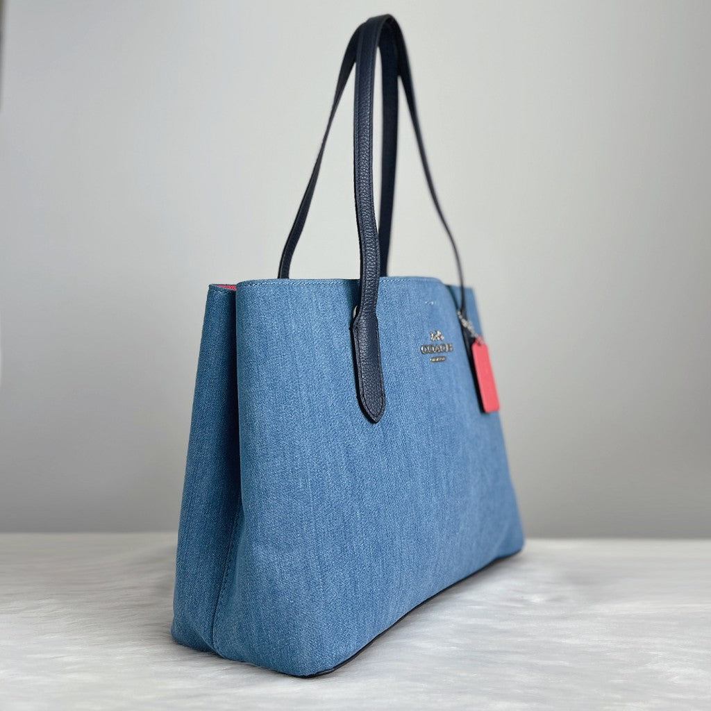 Coach Navy Leather Denim Triple Compartment 2 Way Shoulder Bag Like New