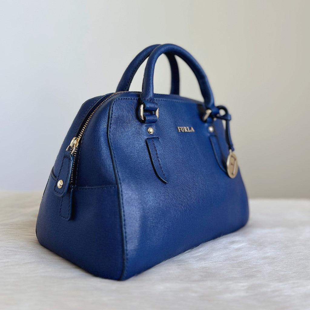 Furla Blue Leather F Charm Boston 2 Way Shoulder Bag Excellent