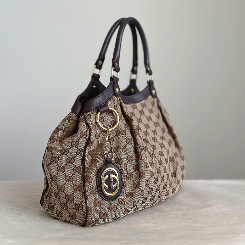 Gucci Signature Double G Chocolate Leather Trim Shoulder Bag