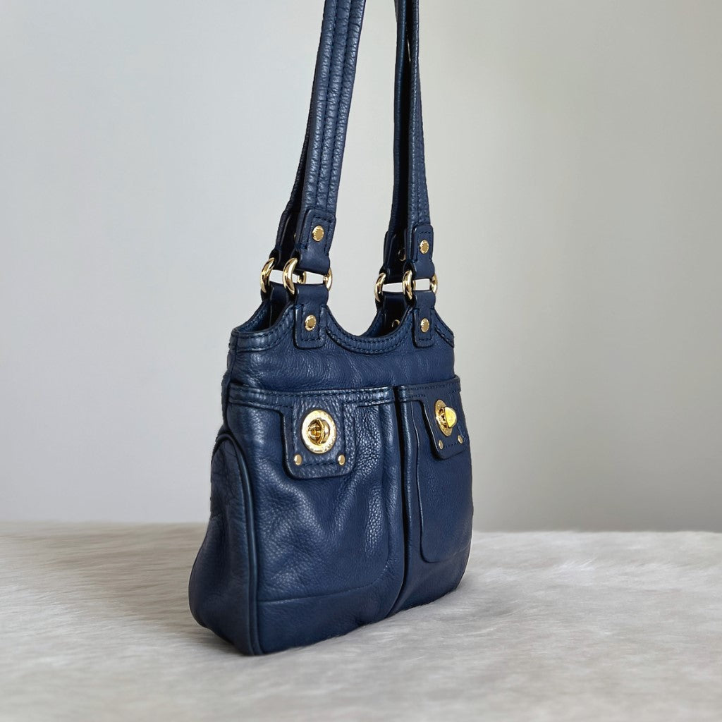 Marc Jacobs Navy Leather Turn Lock Detail Shoulder Bag