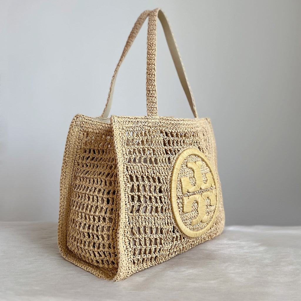 Tory Burch Front Logo Holiday Straw Carryall Shoulder Bag Like New