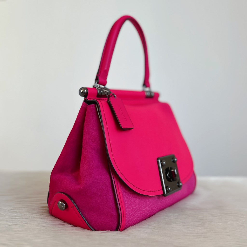 Coach Fuchsia Leather Suede Patchwork Turn Lock 2 Way Shoulder Bag