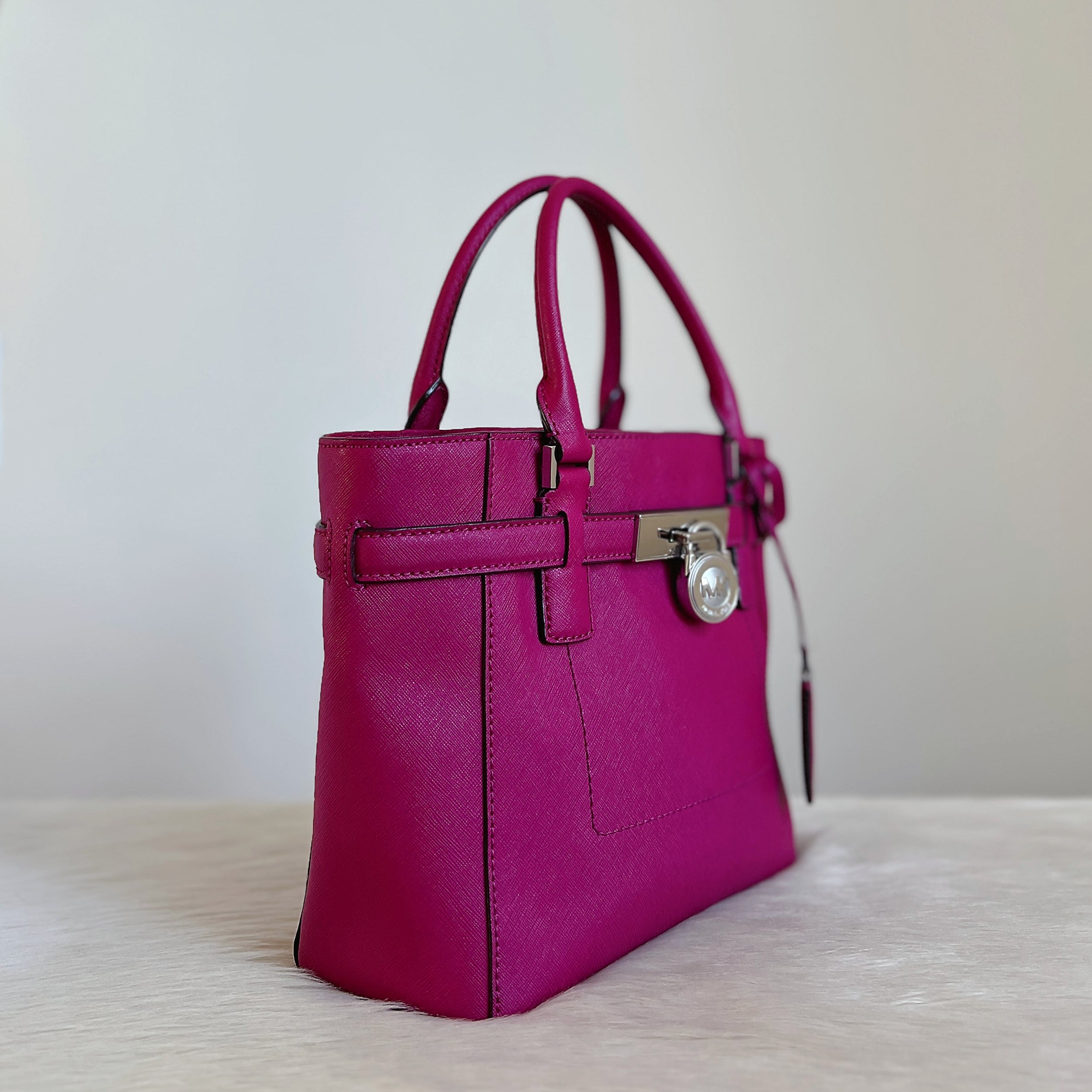 Michael Kors Fuchsia Leather Padlock Triple Compartment 2 Way Shoulder Bag