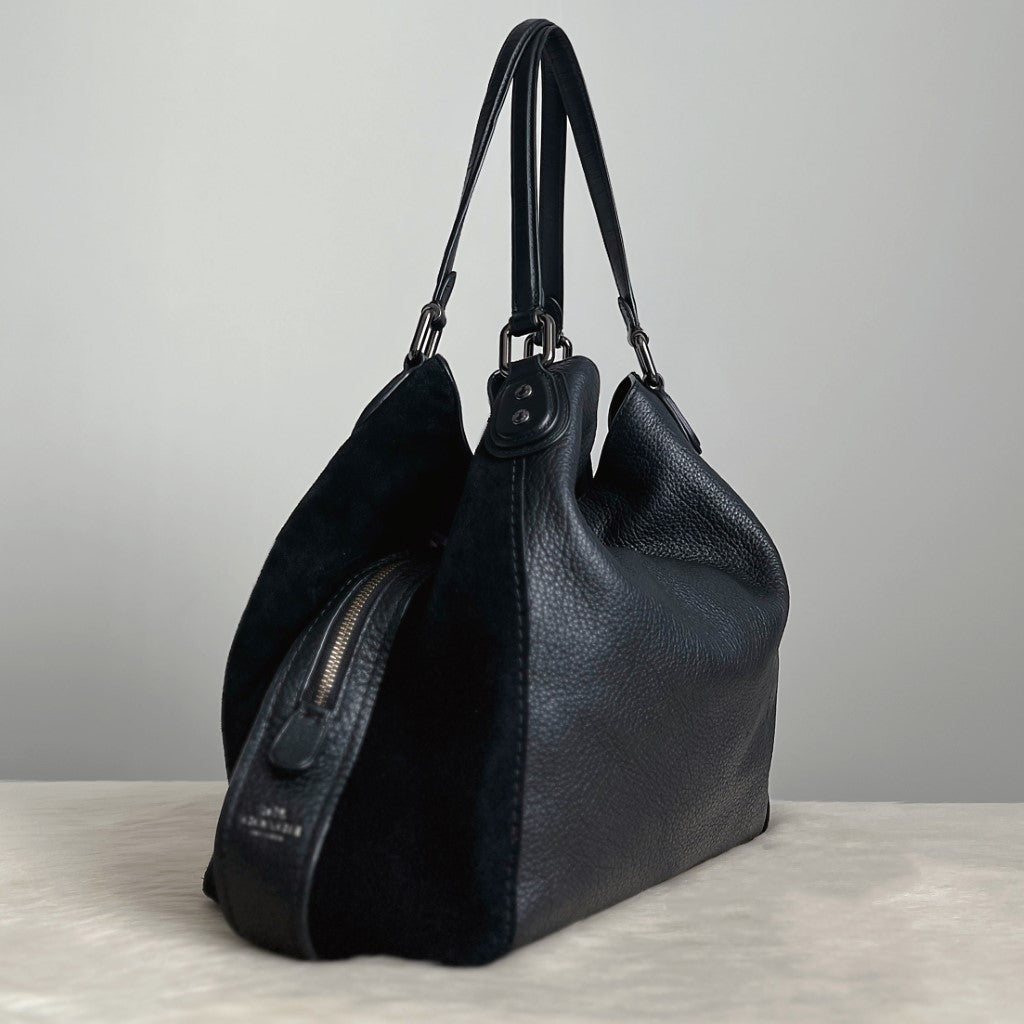 Coach Black Leather Suede Patchwork Triple Compartment Shoulder Bag