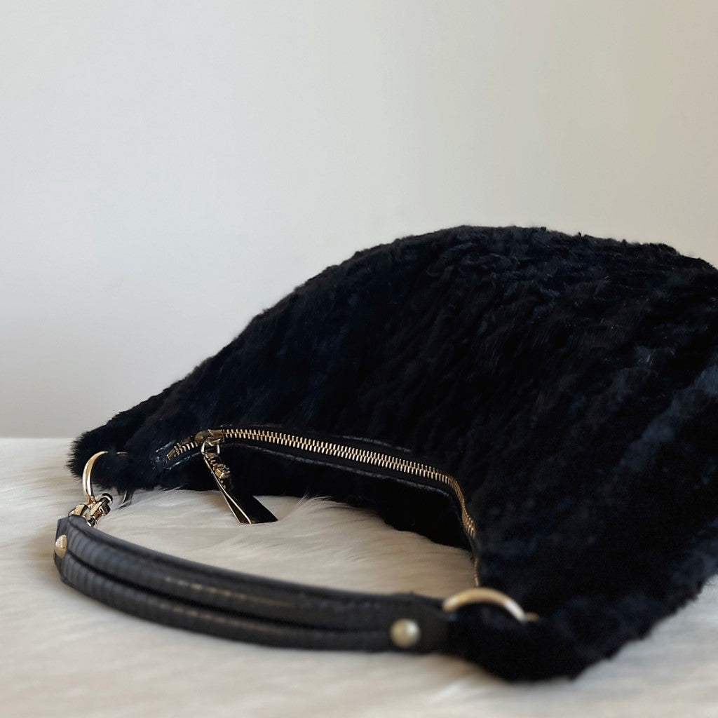 Jimmy Choo Black Fur Stellar Half Moon Slouchy Shoulder Bag Excellent