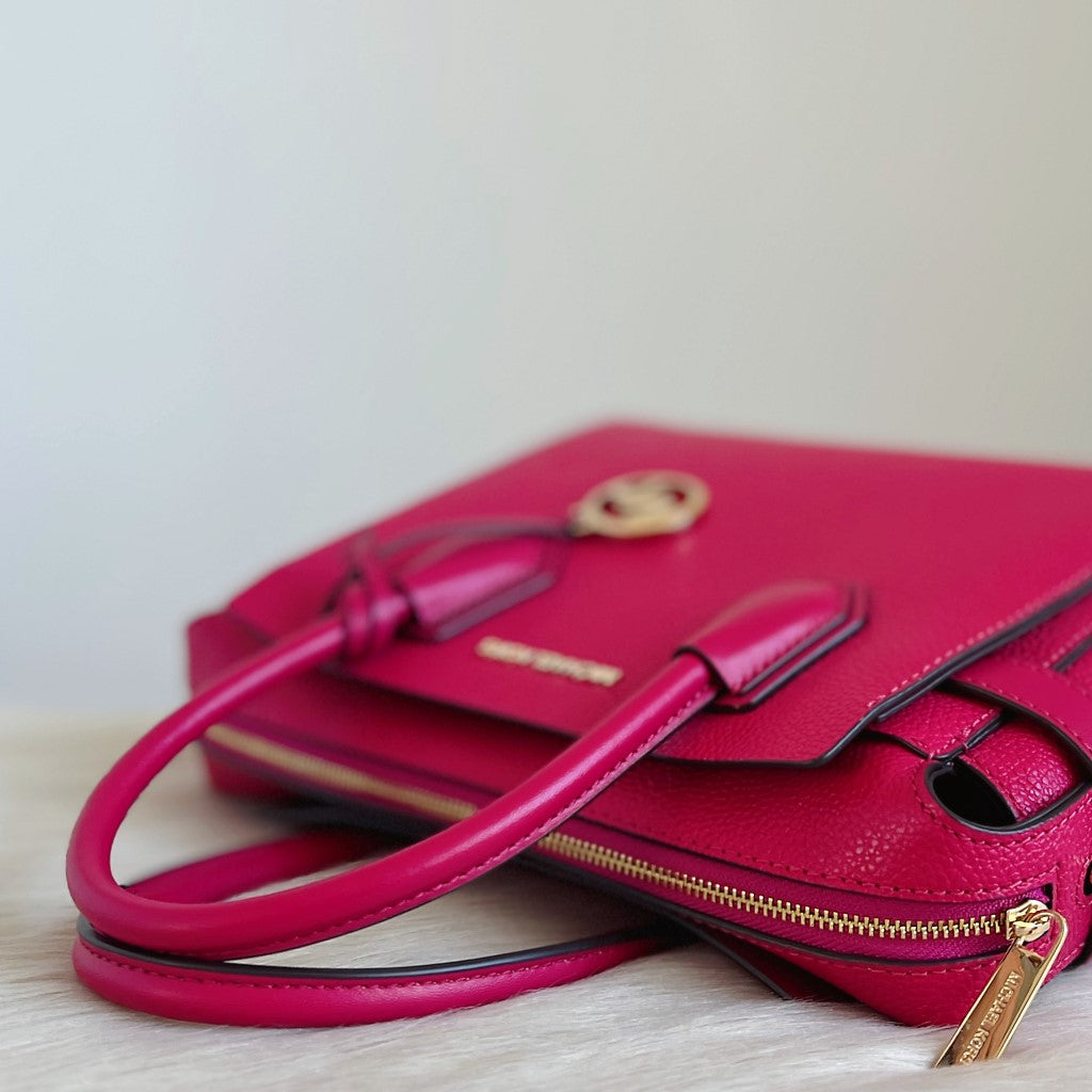 Michael Kors Fuchsia Leather MK Charm Triple Compartment 2 Way Shoulder Bag Like New