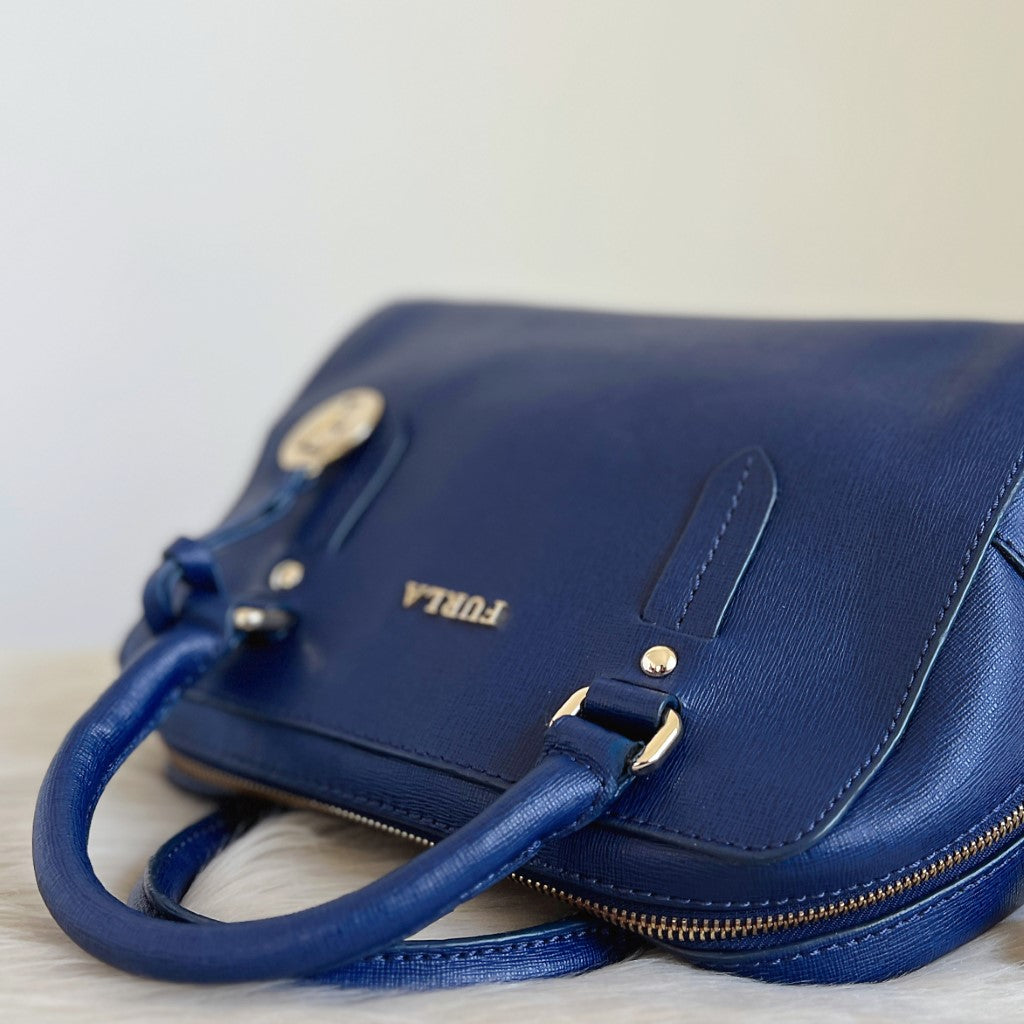 Furla Blue Leather F Charm Boston 2 Way Shoulder Bag Excellent