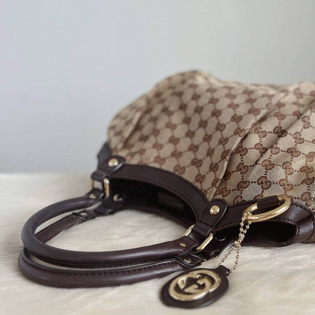 Gucci Signature Double G Chocolate Leather Trim Shoulder Bag