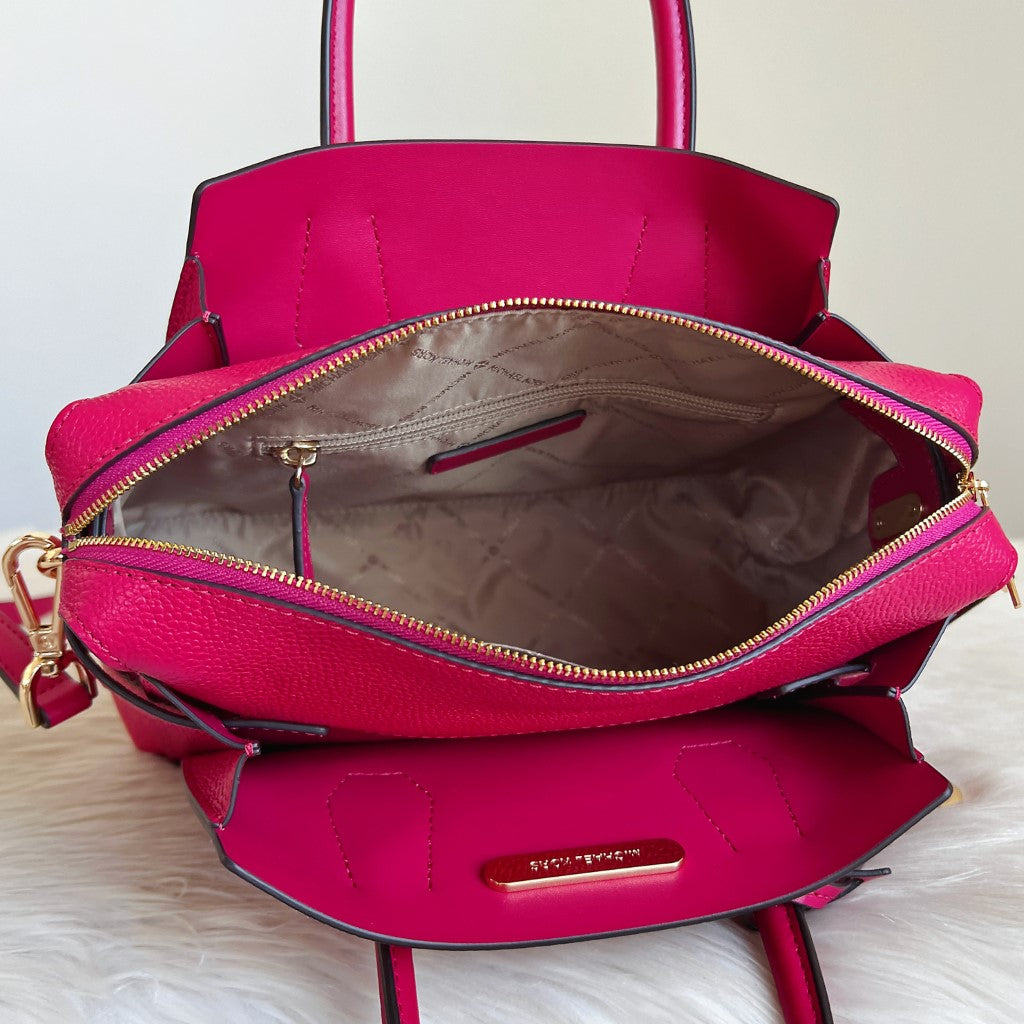 Michael Kors Fuchsia Leather MK Charm Triple Compartment 2 Way Shoulder Bag Like New