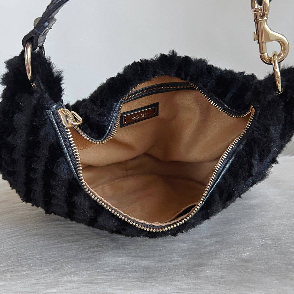 Jimmy Choo Black Fur Stellar Half Moon Slouchy Shoulder Bag Excellent