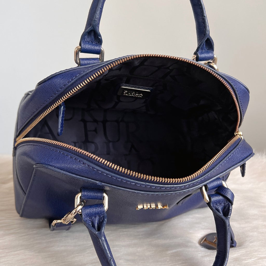 Furla Blue Leather F Charm Boston 2 Way Shoulder Bag Excellent