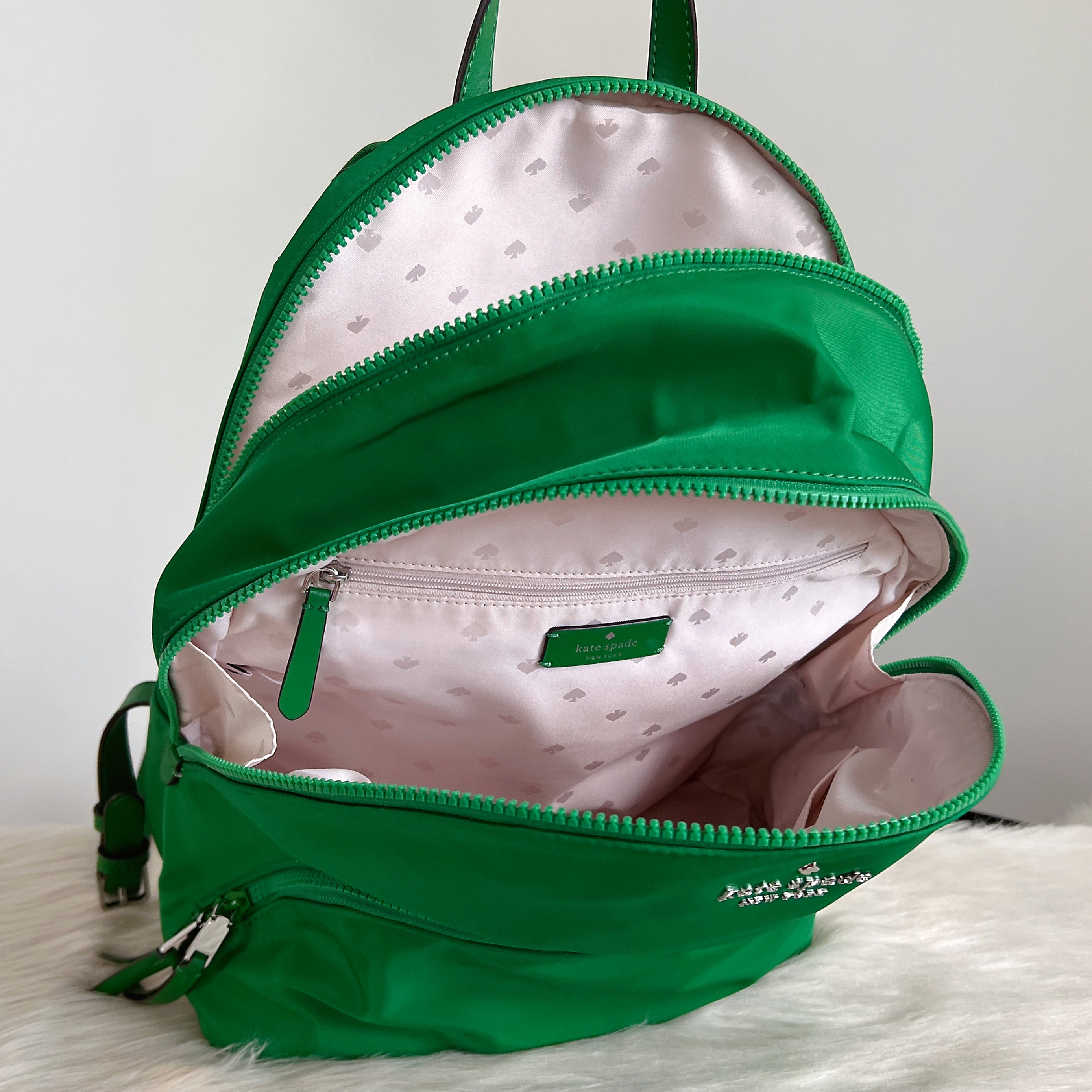 Kate Spade Green Multi-Compartment Front Logo Backpack Like New