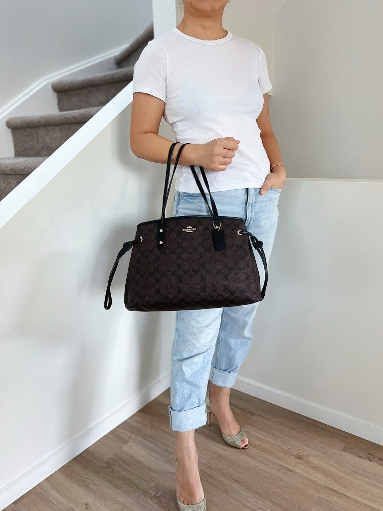 Coach Black Leather Monogram Drawstring Triple Compartment Shoulder Bag Like New