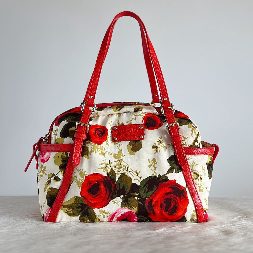 Kate Spade Red Leather Floral Pattern Boston Shoulder Bag Like New