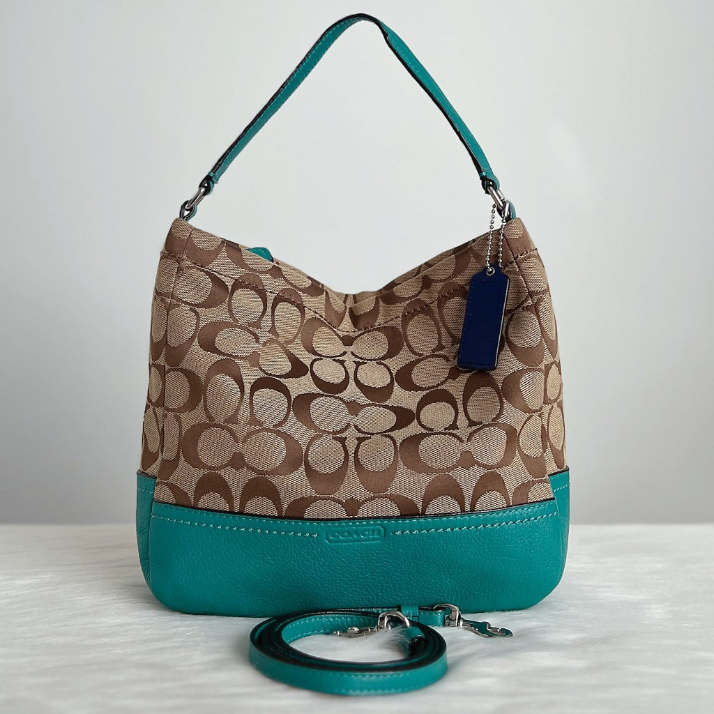 Coach Teal Leather Front Logo Monogram 2 Way Shoulder Bag Excellent