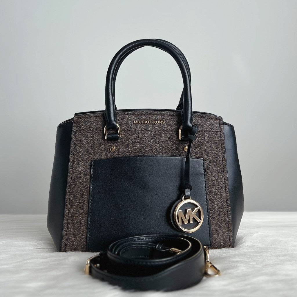 Michael Kors Black Leather Monogram Triple Compartment 2 Way Shoulder Bag Excellent