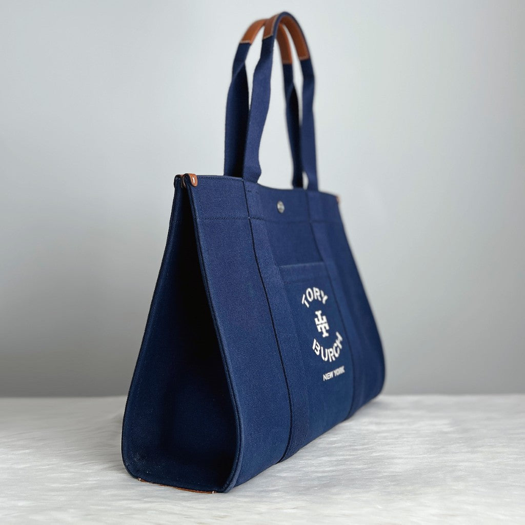 Tory Burch Two Tone Patchwork Front Logo Carryall Book Tote Shoulder Bag Like New