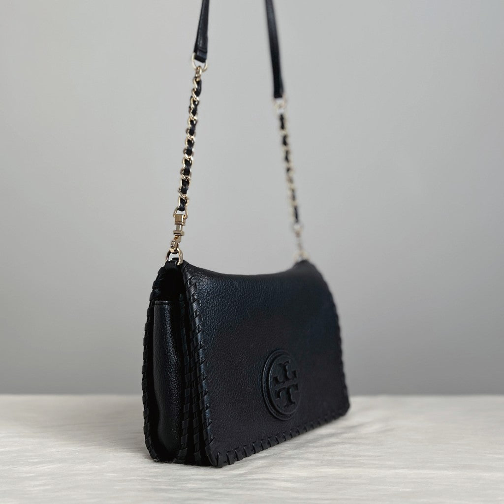 Tory Burch Black Leather Front Logo Chain Crossbody Shoulder Bag Excellent