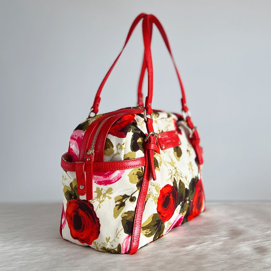 Kate Spade Red Leather Floral Pattern Boston Shoulder Bag Like New
