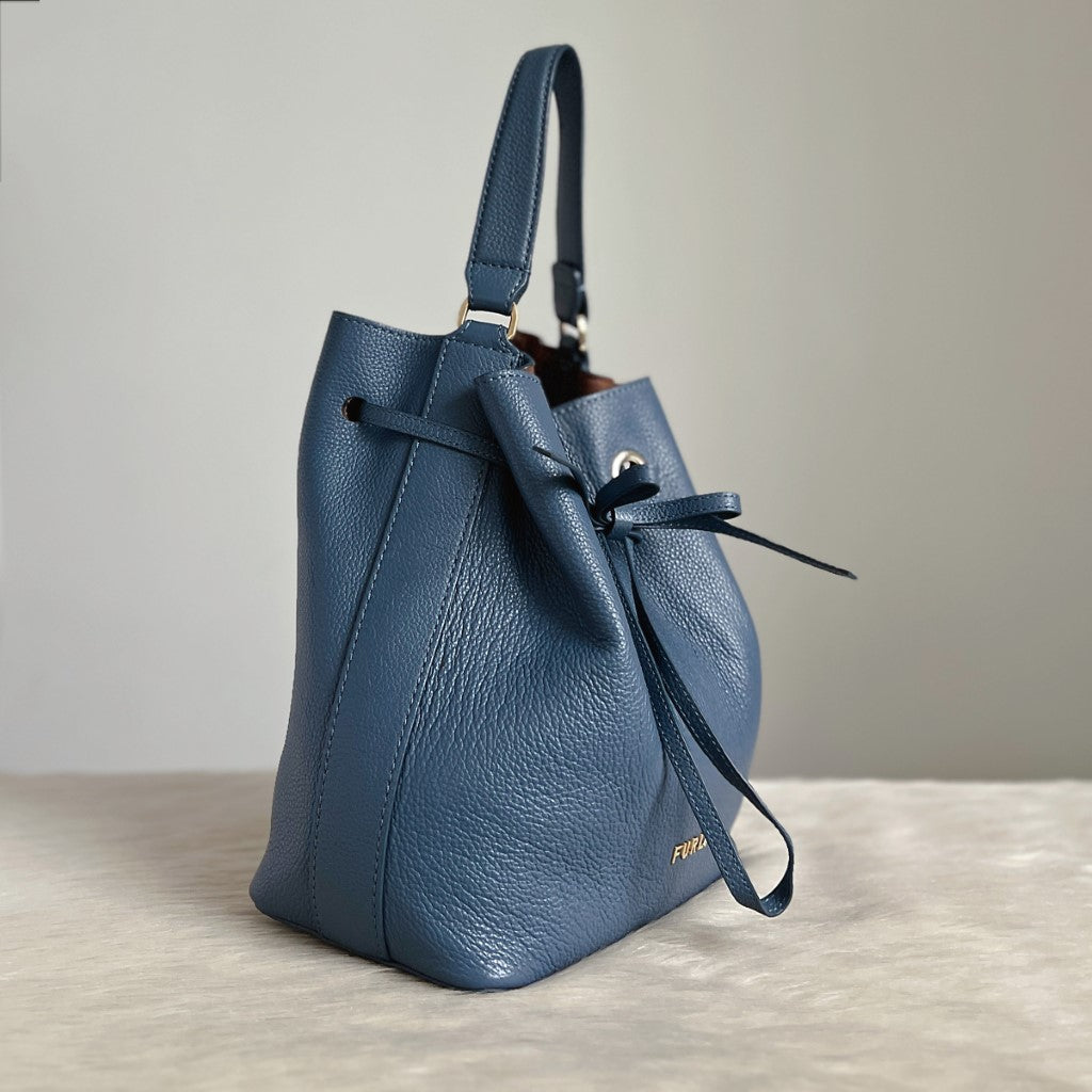 Furla Blue Leather Drawstring Bucket 2 Way Shoulder Bag Excellent