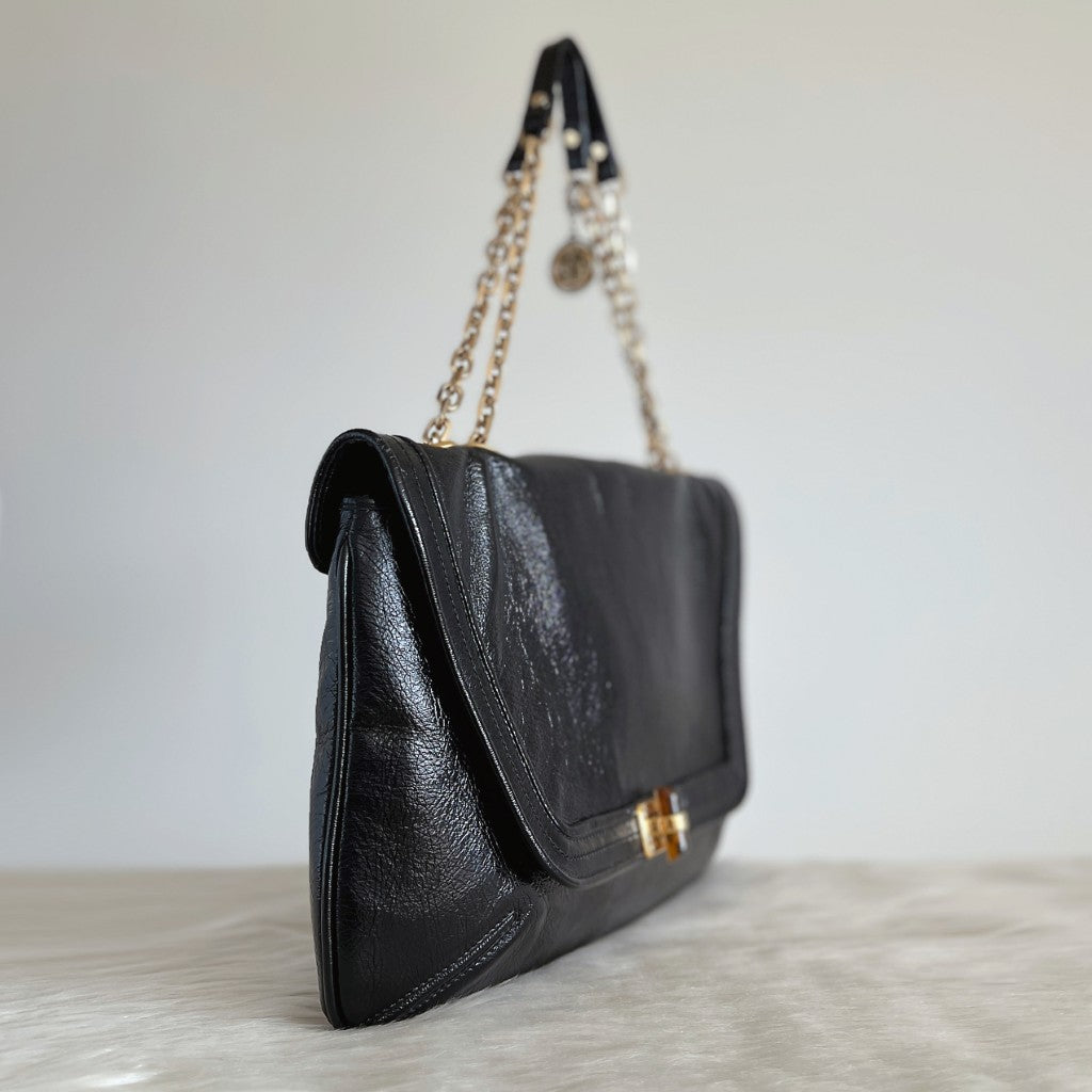 Lanvin Black Leather Turn Lock Flap Chain Detail 2 Way Shoulder Bag Excellent