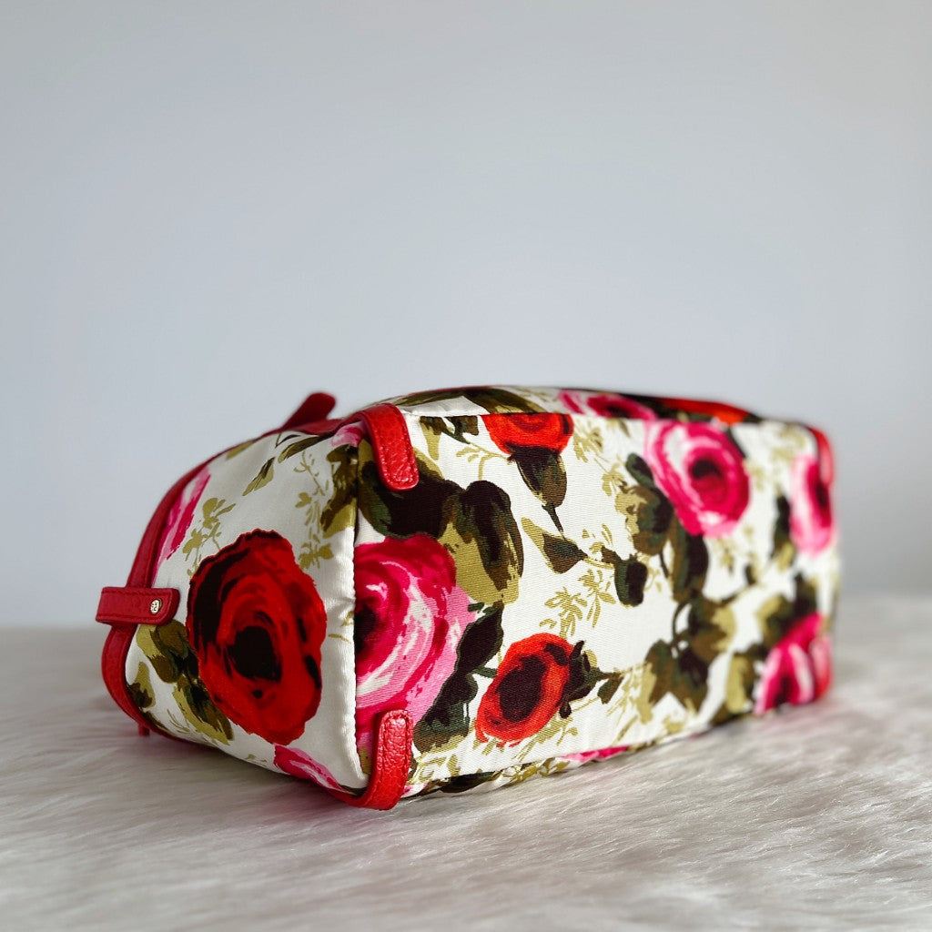 Kate Spade Red Leather Floral Pattern Boston Shoulder Bag Like New