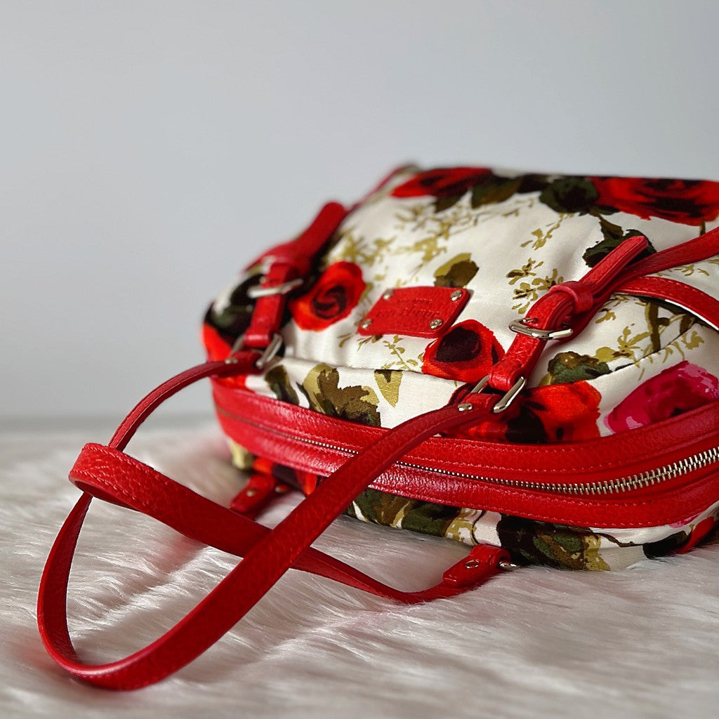 Kate Spade Red Leather Floral Pattern Boston Shoulder Bag Like New