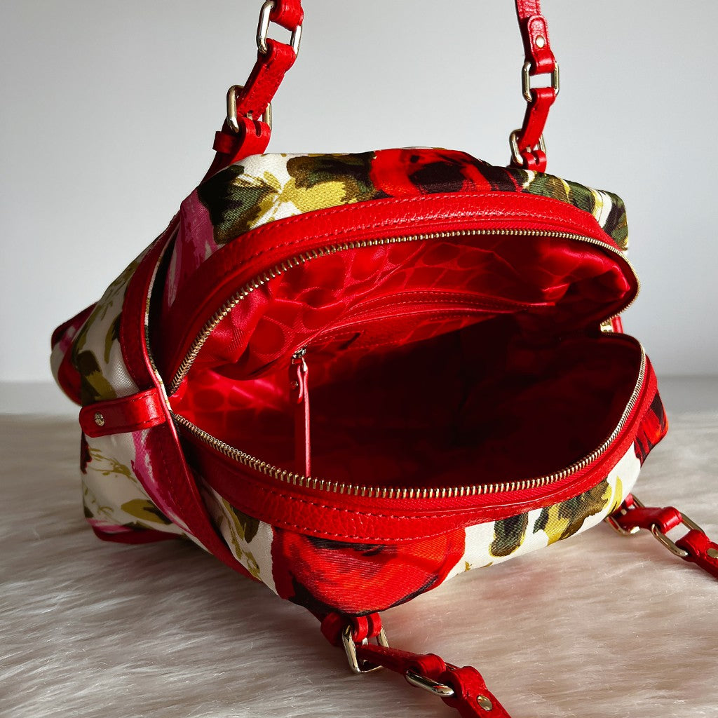 Kate Spade Red Leather Floral Pattern Boston Shoulder Bag Like New