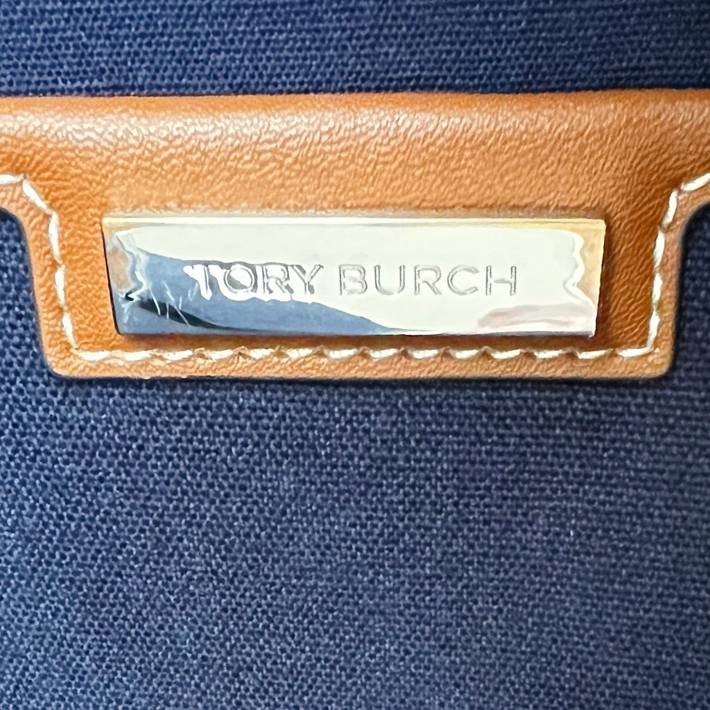 Tory Burch Two Tone Patchwork Front Logo Carryall Book Tote Shoulder Bag Like New