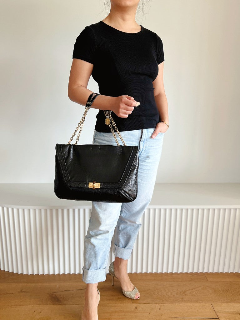 Lanvin Black Leather Turn Lock Flap Chain Detail 2 Way Shoulder Bag Excellent