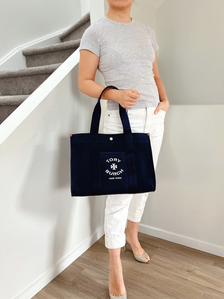 Tory Burch Two Tone Patchwork Front Logo Carryall Book Tote Shoulder Bag Like New