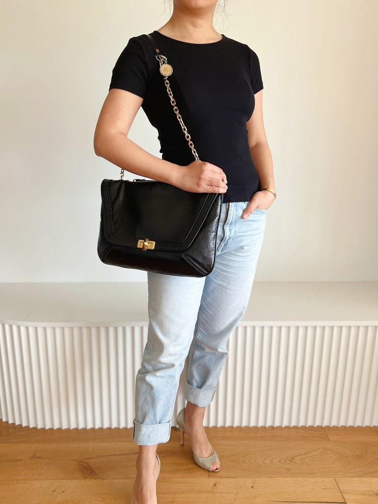 Lanvin Black Leather Turn Lock Flap Chain Detail 2 Way Shoulder Bag Excellent
