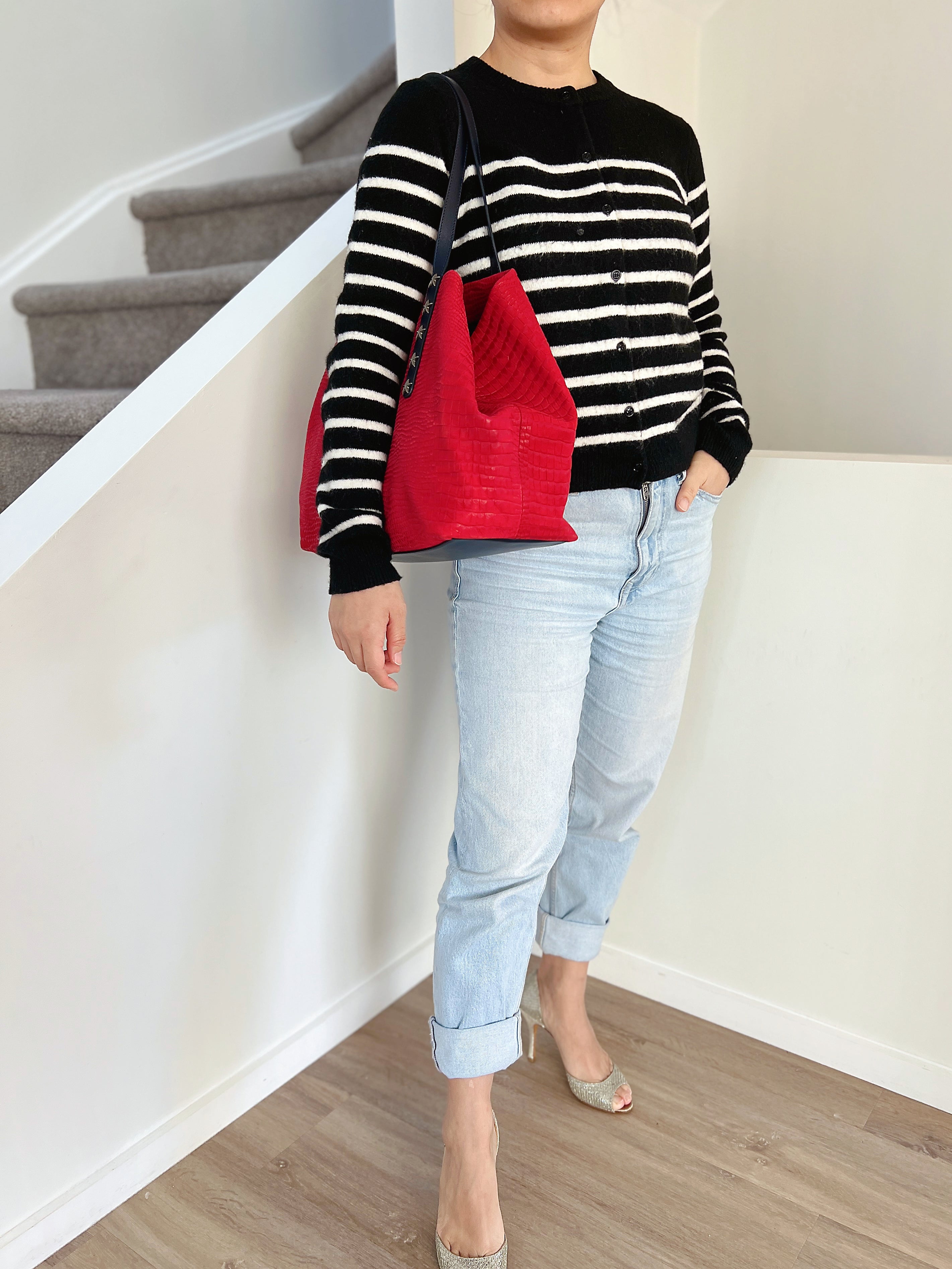 Jimmy Choo Two Tone Leather Suede Studded Carryall Shoulder Bag Excellent