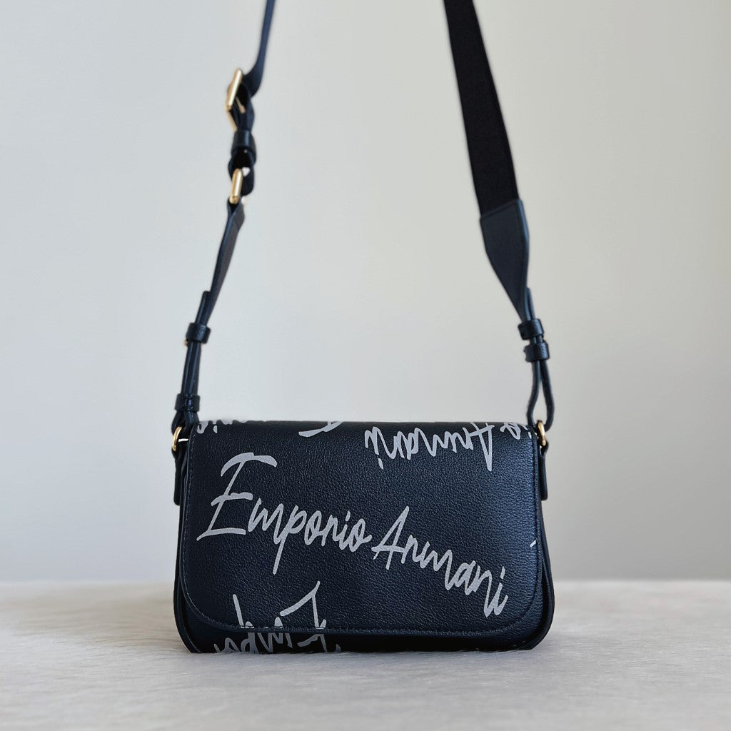 Emporio Armani Black Leather Printed Detail Crossbody Shoulder Bag Like New