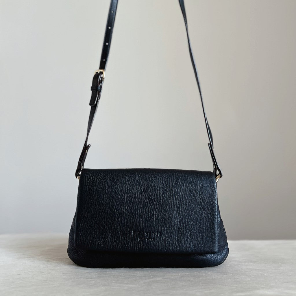 Kate Spade Black Leather Flap Front Logo Crossbody Shoulder Bag Like New