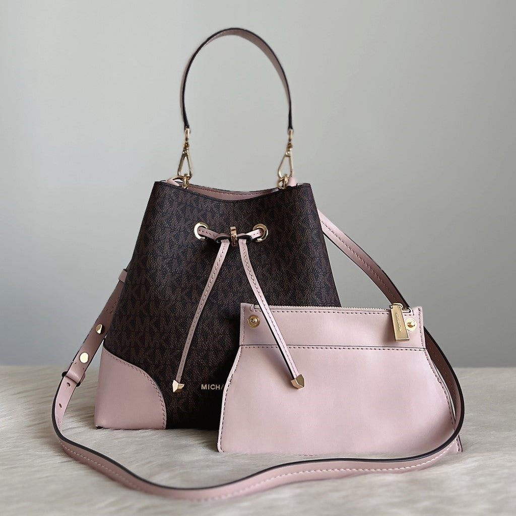 Michael Kors Pink Leather Drawstring Bucket 2 Way Shoulder Bag + Pouch Like New