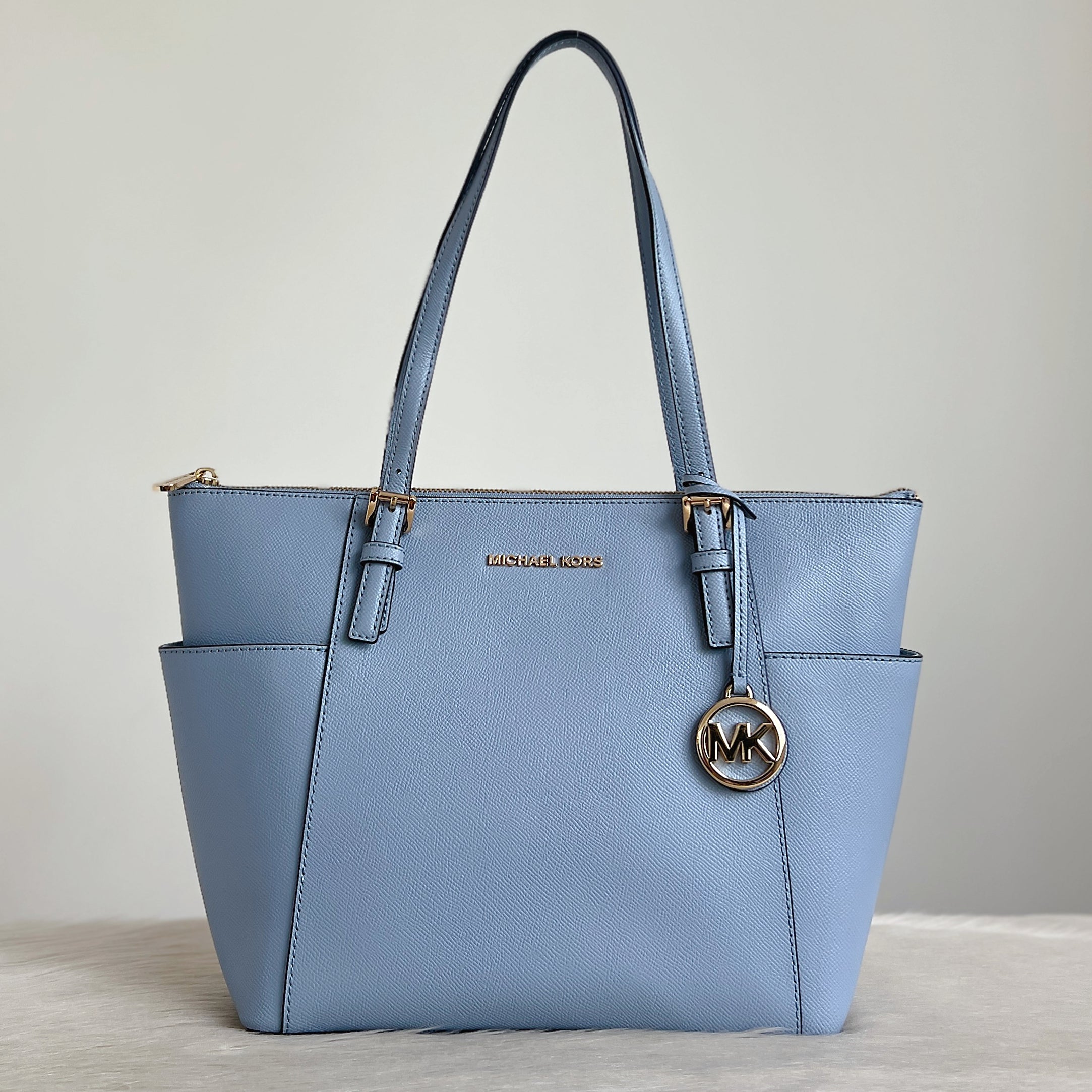 Michael Kors Light Blue Saffiano Leather MK Charm Shoulder Bag Like New