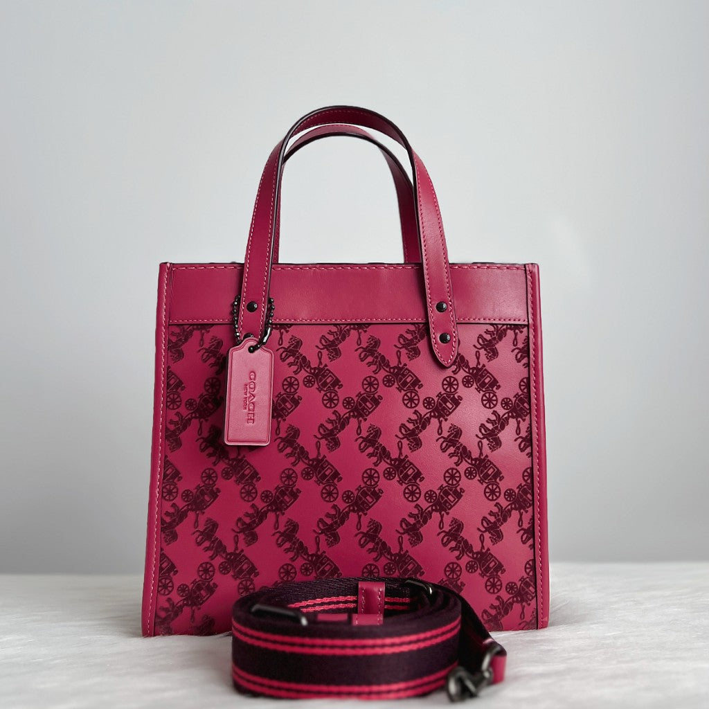 Coach Fuchsia Leather Signature Pattern Book Tote 2 Way Shoulder Bag Like New