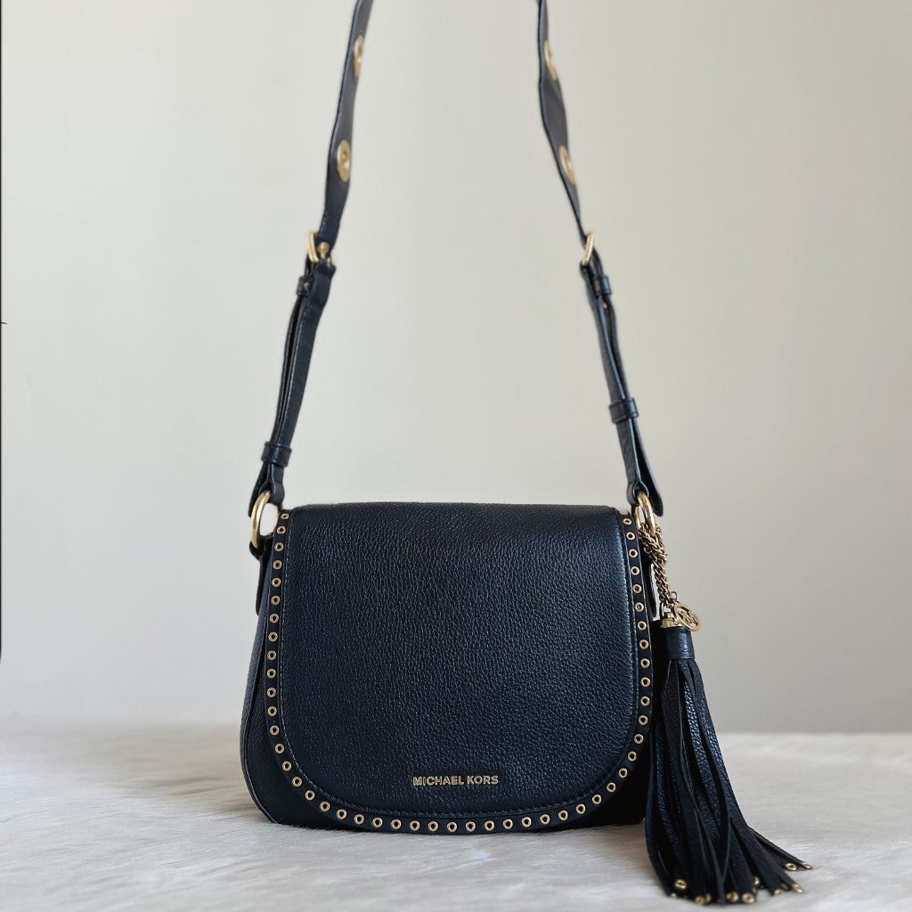 Michael Kors Black Leather Tassel Charm Cut Out Detail Crossbody Shoulder Bag