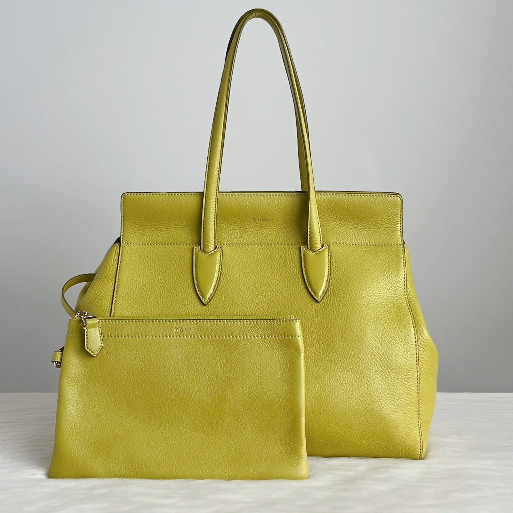 Max Mara Lime Leather Career Shoulder Bag + Pouch Excellent
