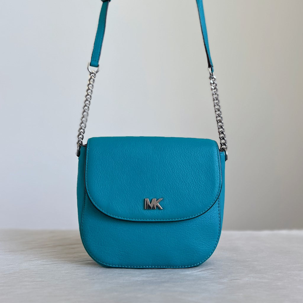 Michael Kors Teal Leather Chain Detail Crossbody Shoulder Bag