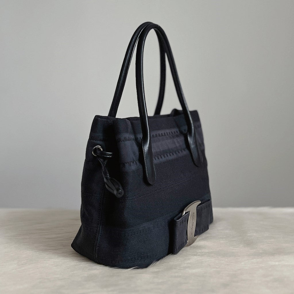 Salvatore Ferragamo Black Leather Denim Front Bow Detail Tote Bag Excellent