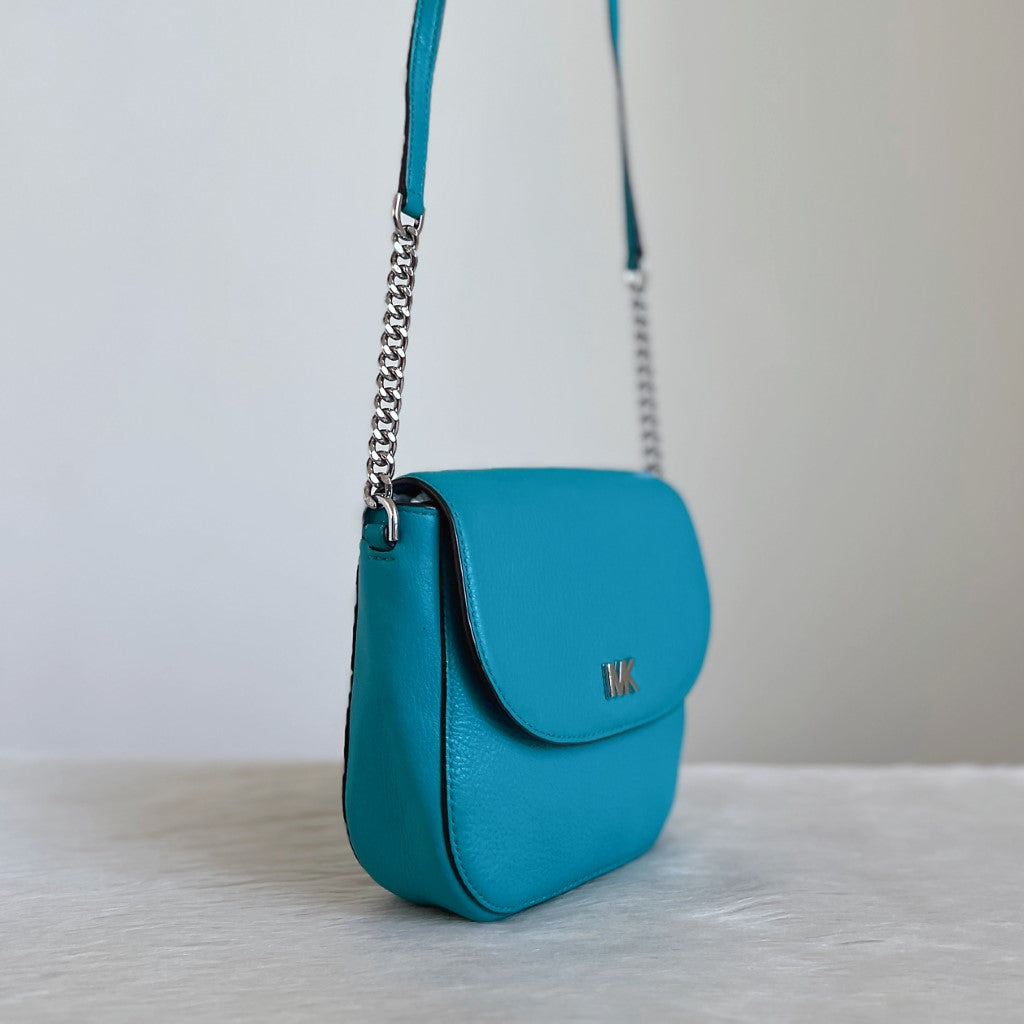 Michael Kors Teal Leather Chain Detail Crossbody Shoulder Bag