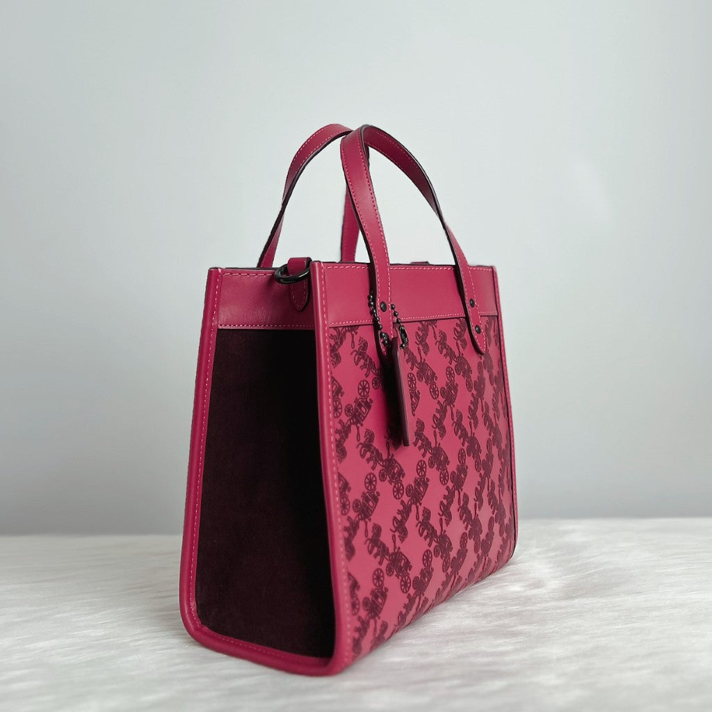 Coach Fuchsia Leather Signature Pattern Book Tote 2 Way Shoulder Bag Like New