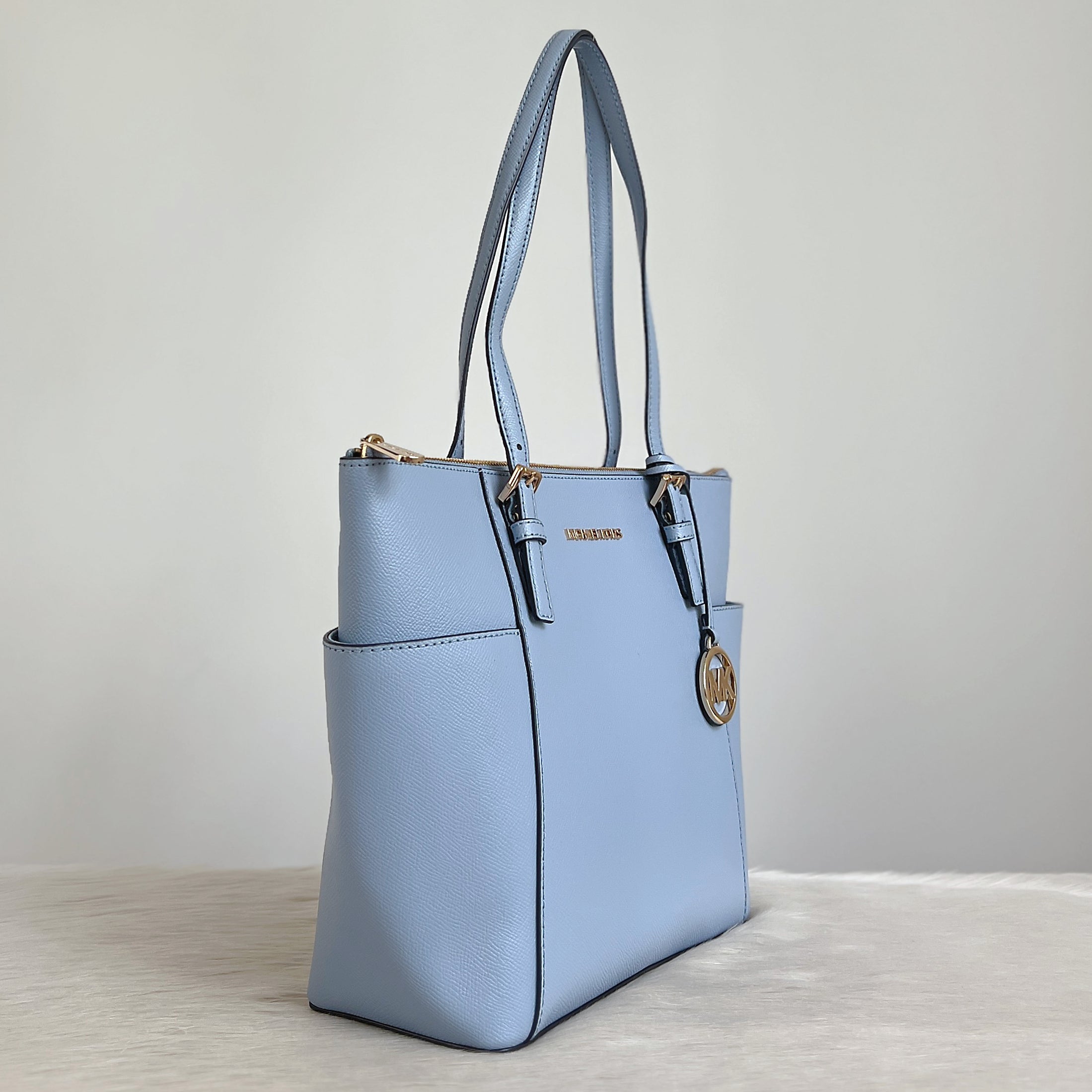 Michael Kors Light Blue Saffiano Leather MK Charm Shoulder Bag Like New