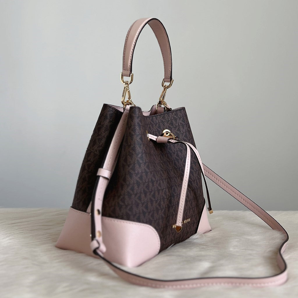 Michael Kors Pink Leather Drawstring Bucket 2 Way Shoulder Bag + Pouch Like New